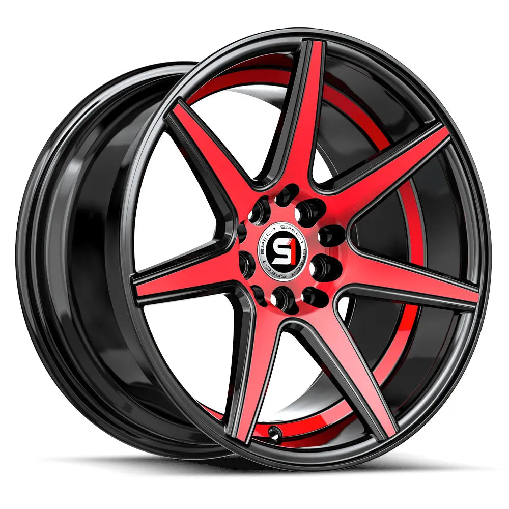 Spec-1 SP-73 18X8 +38 Gloss Black Red Machined & undercut
