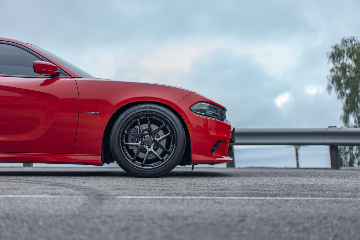 American Racing AR942 Bishop Matte Black with Gloss Black Lip on a 2020 Dodge Charger