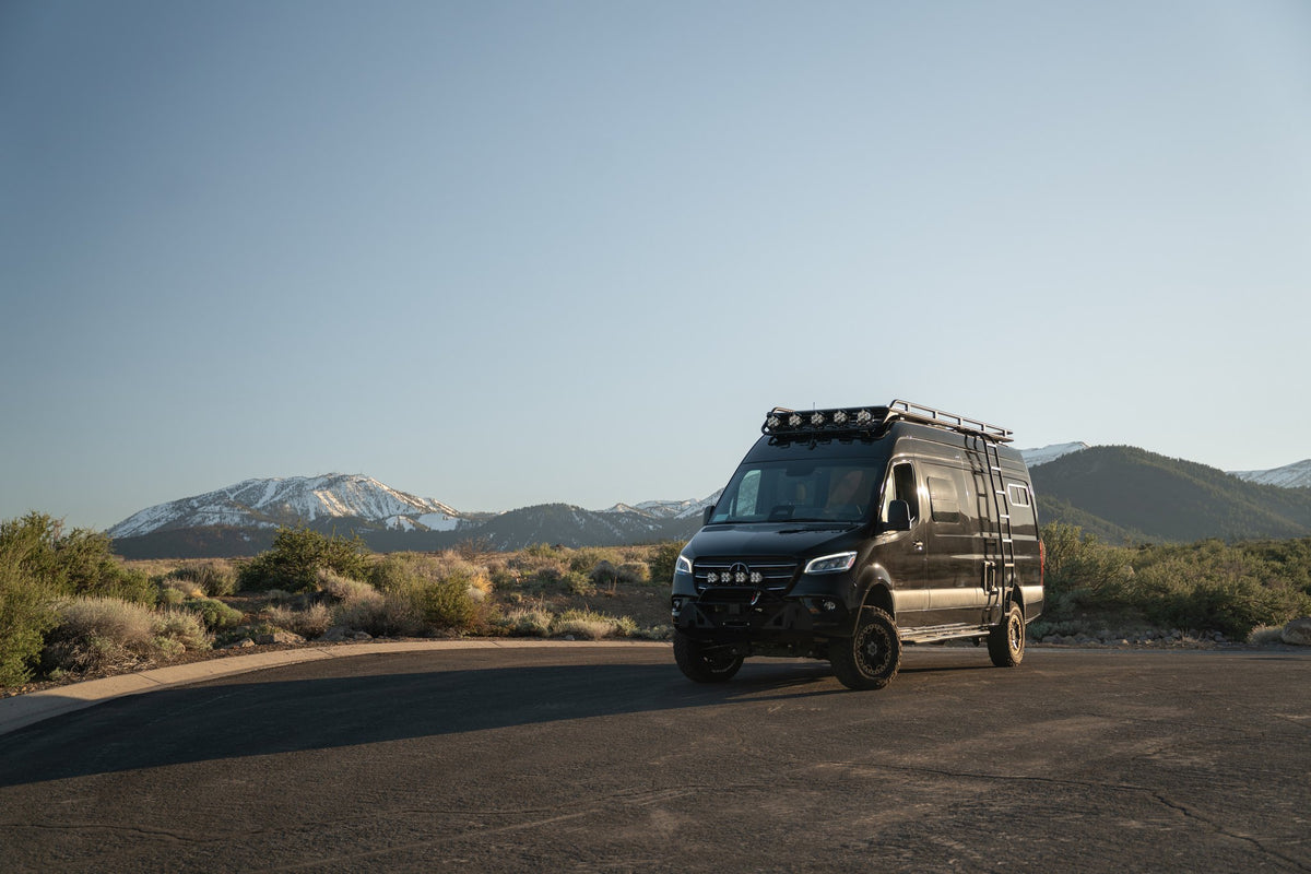 Black Rhino Warlord Matte Black with Mach Dark Tint on a 2023 Mercedes Sprinter