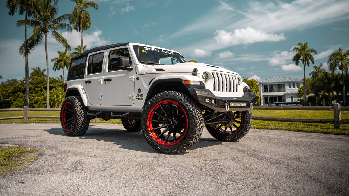 Fuel Off-Road FC403 Burn Matte Black with Candy Red Lip on a 2019 Jeep Wrangler