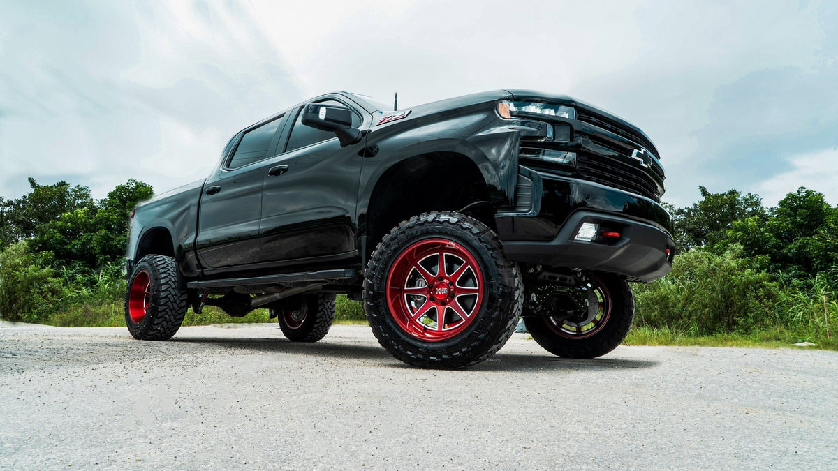 XD XD844 Pike Brushed Red with Milled Accents on a Chevrolet Silverado